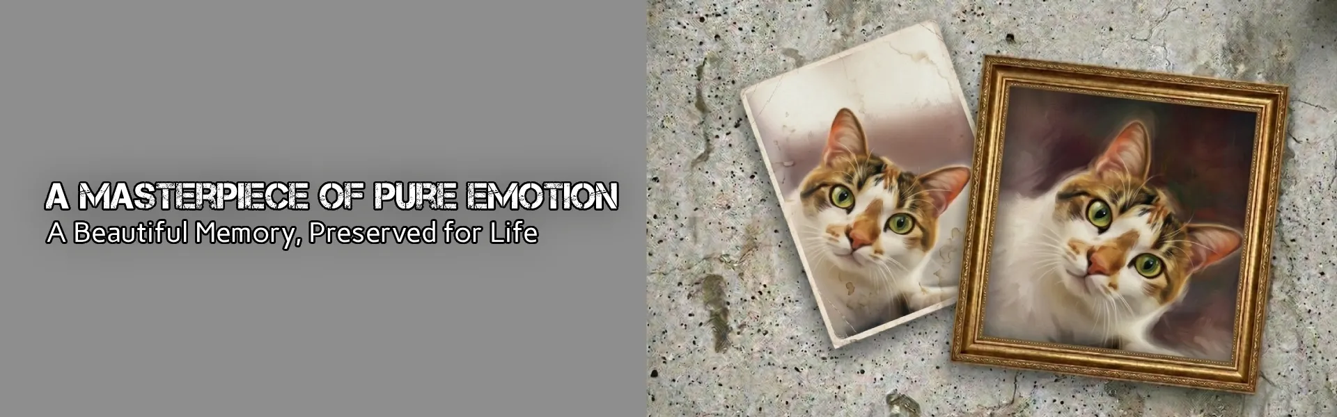 Custom cat portrait painting banner showing photo‑to‑art transformation.